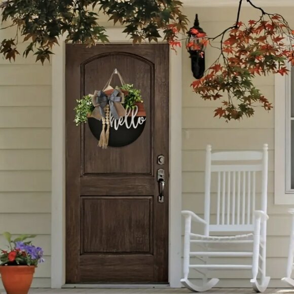 Hello Rustic Farmhouse Welcome Sign Buffalo Check Bow Wood Tassel Beads 11.8" - Picture 4 of 7